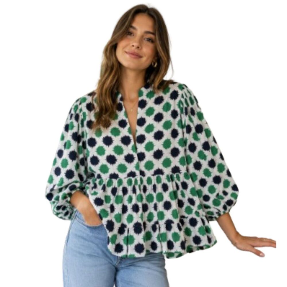 La DoubleJ Quitana Green Black Dot Tiered Peplum Ruffle Cotton Blouse Small